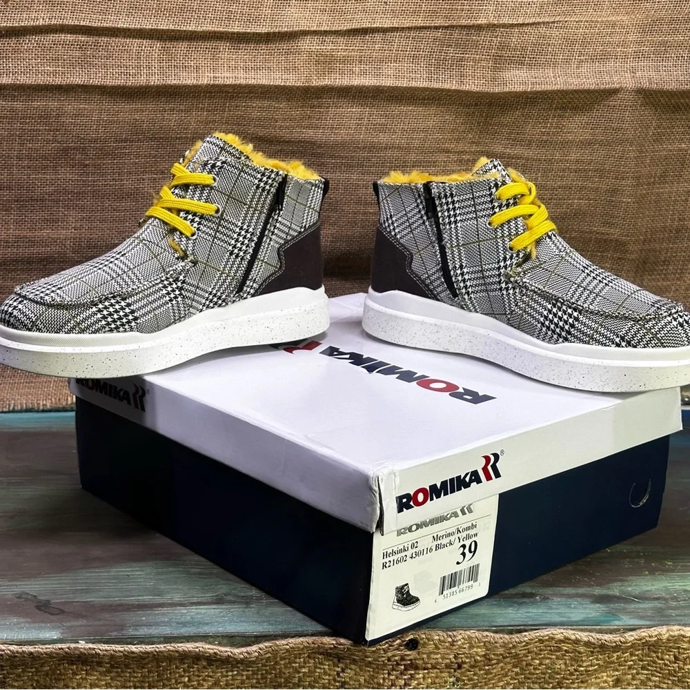 Romika Helsinki black & yellow plaid high hi top sneakers boots sz‎ 8 - Picture 6 of 11